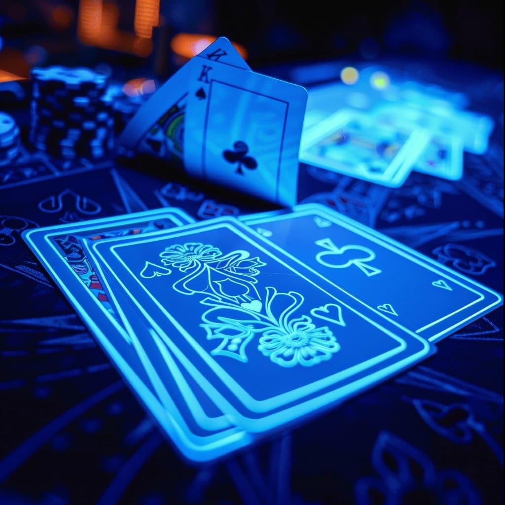 Baccarat-style entertainment cards with responsible gaming notes